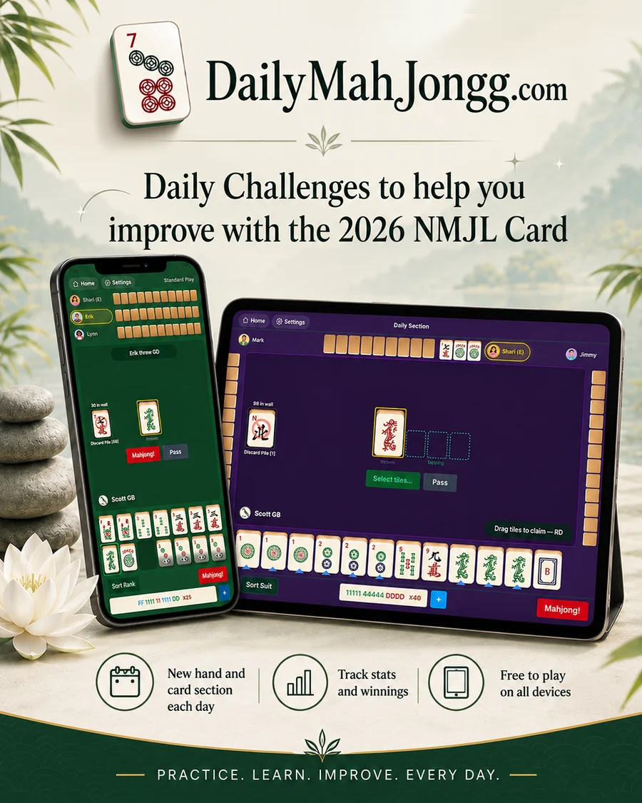 DailyMahJongg.com — daily challenges to help you improve with the 2026 NMJL card, shown on iPhone and iPad.